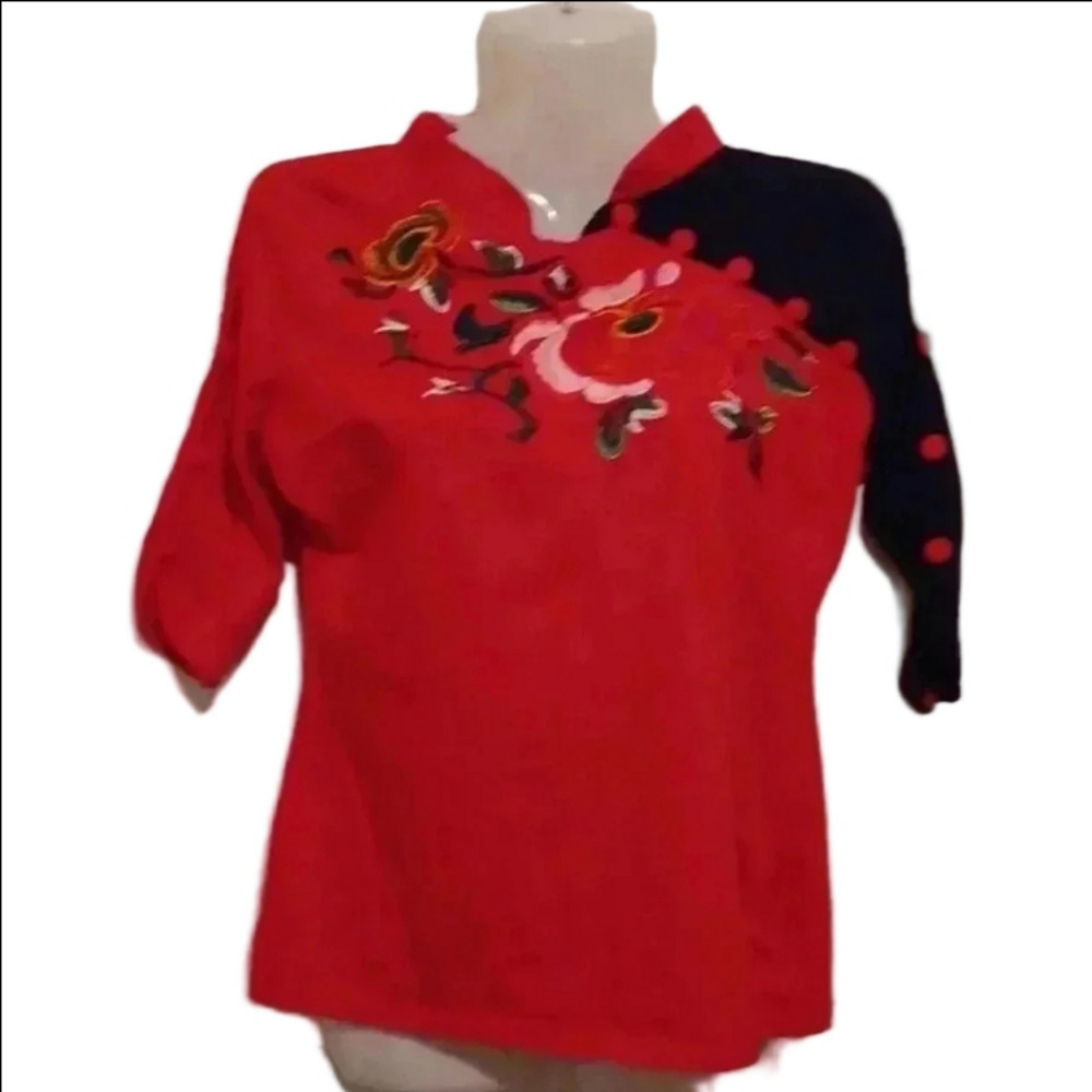 - color block  top with buttons and embroidery